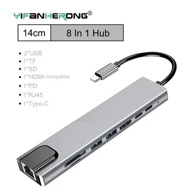 USB-C Hub 8-IN-1 Adapter 4K HDMI USB 3.0 LAN RJ45 Ethernet Micro SD Kartenleser - Bild 1 von 4