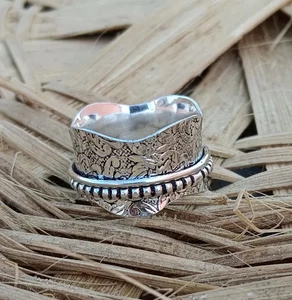Handmade Sterling Silver Flower Spinner Ring: Fidget Thumb Ring All Size - Picture 1 of 12