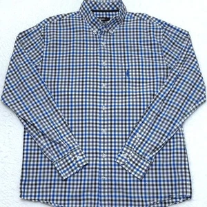Johnnie-O Blue Gray Black Plaid Long Sleeve Button Down Shirt Men's LARGE L - Picture 1 of 6