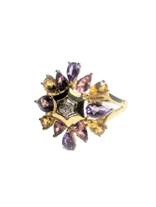 14ct Yellow Gold, Pink Tourmaline, Amethyst, Diamond & Gemstone Ring - UK Size N - Picture 1 of 2