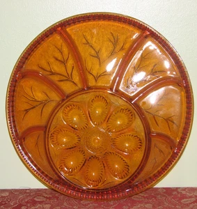 Vintage 1970s Indiana Glass Pebble Leaf Amber Deviled Egg/Divided Relish Tray - Picture 1 of 6