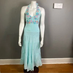 VTG Maxi dress XS cottagecore pastel blue embroidered Fairy cotton BOHO Swiftie - Picture 1 of 11