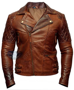 Mens Biker Vintage Motorcycle Racer Brown Distressed Leather Jacket - Picture 1 of 6