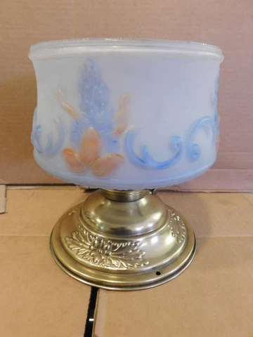 GORGEOUS ANTIQUE BRASS CELING LIGHT W/BLUE ACCENTED GLOBE Cover