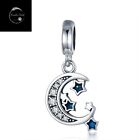 Genuine Moon And Stars Sterling Silver 925 Dangle Charm For Bracelets  With CZ