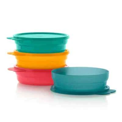 NEW Tupperware Imp Microwave Cereal Bowls Set 4 yellow, red, teal, green 2022 - Image 1 of 2
