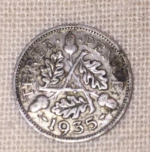 COIN Lot #113: 1935 British Three Pence 50% SILVER coin, good George V KM#831 - Picture 1 of 7