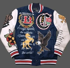 Reason Mens Fearless Wool Varsity Small Blue Multicolor Patch Letterman Jacket  - Picture 1 of 9