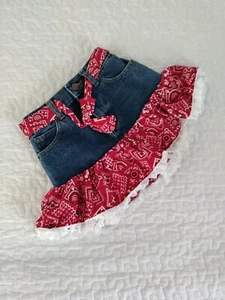 Kiddie Korral Blue denim red bandana Frill/Belt western skirt Cowgirl 6 Pocket - Picture 1 of 10
