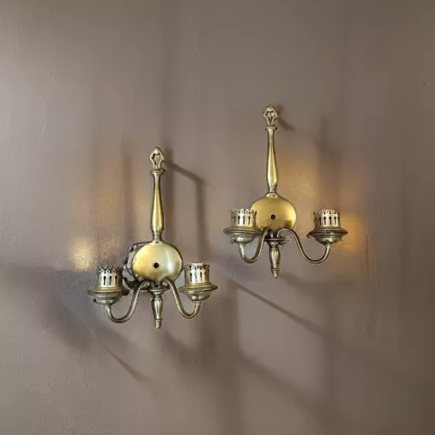Solid Brass 2 Arm Wall Sconces 15.5" Set of Two Wired Pull Switch Reclaimed Cover
