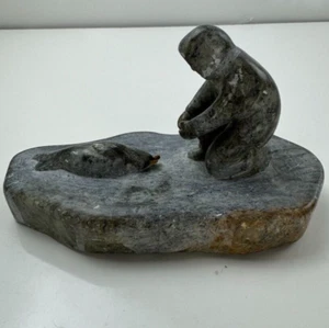 Alaskan Native Vtg Soapstone Tableau Seal & Hunter Contemporary Green Variegated - Picture 1 of 22