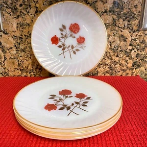 Vintage Termocrisa Milk Glass Set of 4 Floral Gold Tone-Rimmed 9-Inch Plates - Picture 1 of 12