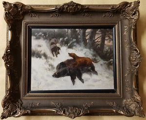Carl Friedrich Deiker, Original Ölgemälde, Wildschwein Jagd Hund Schnee um 1880 - Bild 1 von 8