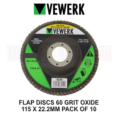 VEWERK 115 X 22.2MM Type 27 Flap Discs 60 Grit Oxide Pack Of 10 8248 • 10.90£