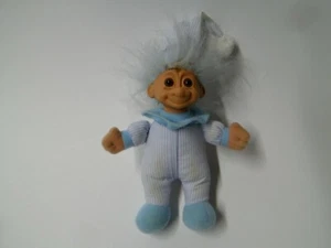 Vintage Russ Troll Doll Striped Pajamas Blue Hair Plush Toy With Stains - Picture 1 of 8