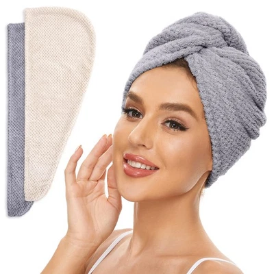 Paquete de 2 envolturas de toallas para cabello de microfibra, anti frizz, secado rápido, beige, gris, turbante Foto 1 de 4