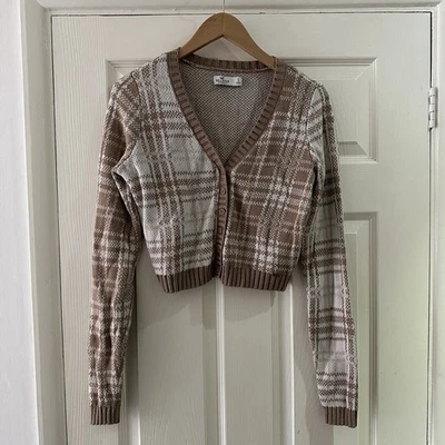 Hollister Brown White Check Cotton Blend Size Small Cropped Cardigan - Image 1 of 4