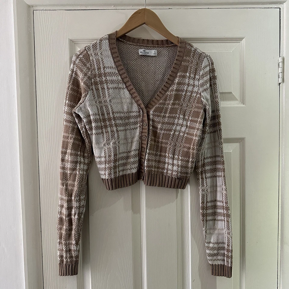 Hollister Brown White Check Cotton Blend Size Small Cropped Cardigan - Image 1 of 4