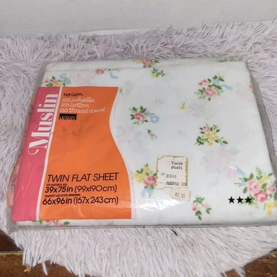 Vintage Montgomery Ward Muslin Twin Flat Floral Roses Flower Bed Sheet New - Image 1 of 4