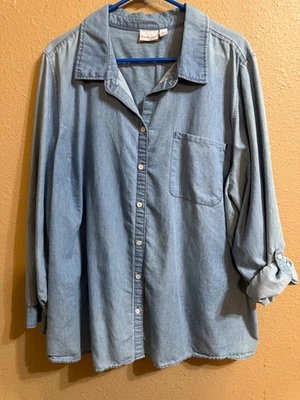 KIM ROGERS CURVY DENIM BUTTON UP SHIRT SZ 3X LONG ROLL TAB SLEEVES LIGHTWEIGHT - Image 1 of 4