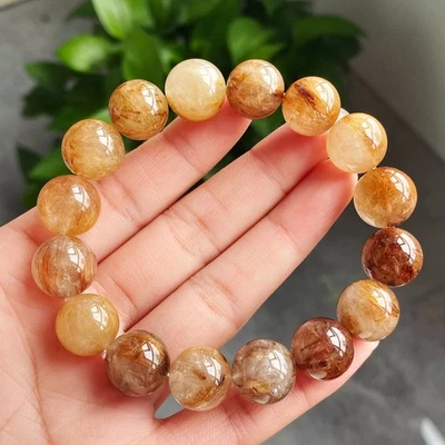 13.7mm Natural Copper Rutilated Quartz Crystal Beads Bracelet 006 - Image 1 of 4