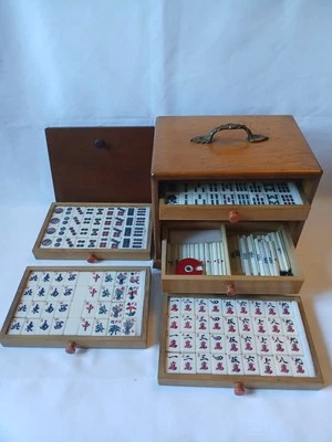 Mah Jong Set in 5 Drawer Cabinet Case 144 Bamboo Back Tiles 1960s Mahjong Jongg - Image 1 of 4
