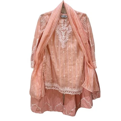 Traje Original Maria B Niñas Melocotón Rayas Algodón Bordado Shalwar Kameez 12-14 Foto 1 de 4