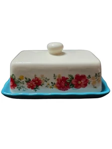 Pioneer Woman Butter Dish Vintage Floral Ruffle Linen With Knob Teal Tray EUC - Picture 1 of 14