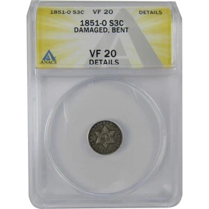 1851 O Three Cent Piece VF 20 Details ANACS Silver Trime SKU:CPC1144 - Picture 1 of 4
