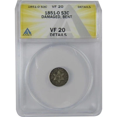 1851 O Three Cent Piece VF 20 Details ANACS Silver Trime SKU:CPC1144 - Image 1 of 4