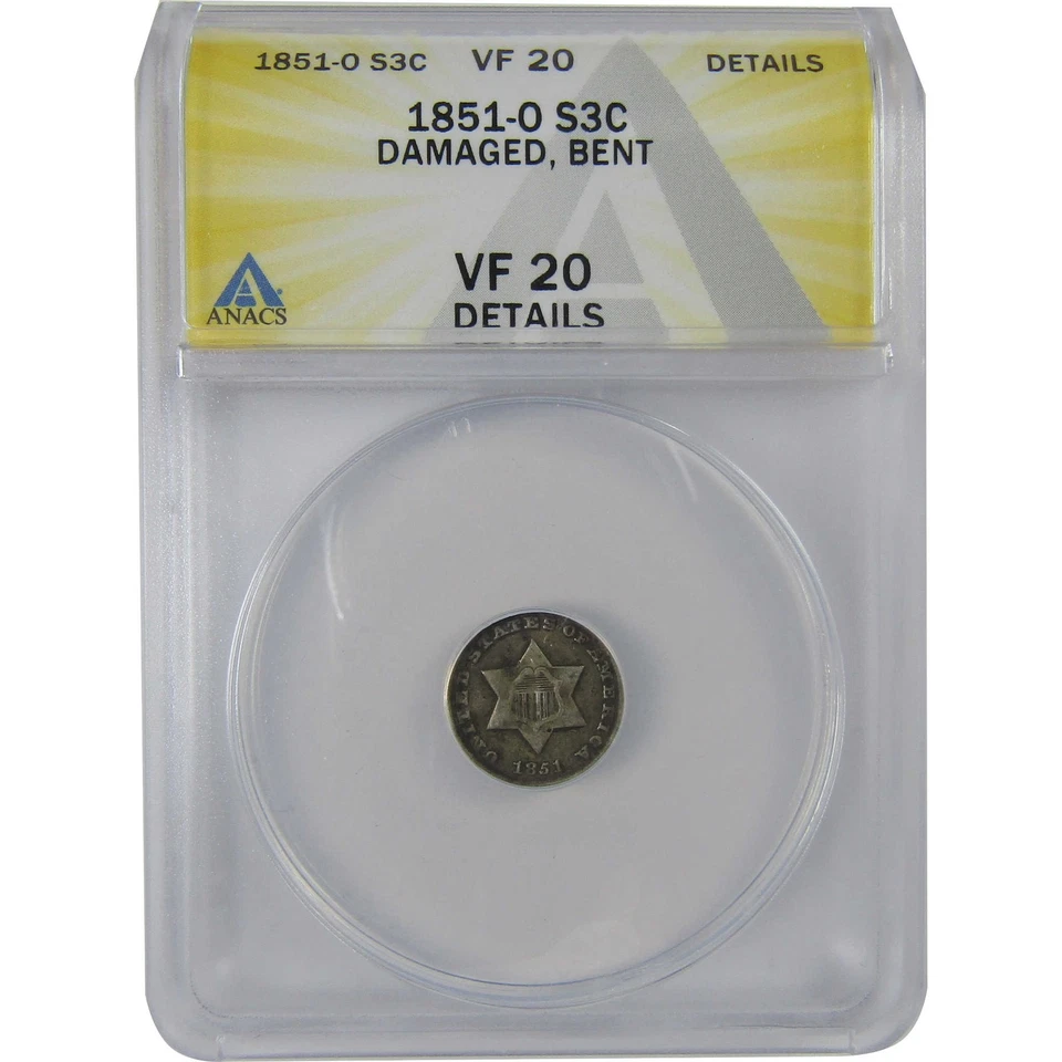 1851 O Three Cent Piece VF 20 Details ANACS Silver Trime SKU:CPC1144 - Image 1 of 4