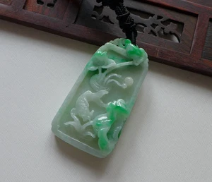 Fine Natural Type A Vintage Emerald Jadeite Jade Lotus Carp Pendant - Picture 1 of 11