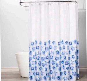 72" x 72" Blue And White Cascading Floral Shower Curtain - Picture 1 of 2