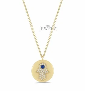 14K Gold VS/F-G Diamond - Blue Sapphire Hamsa Hand Charm Necklace - The Jewelz - Picture 1 of 3