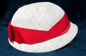 Vintage Charlotte Trahin Ladies Cloche Hat Straw w/Red Grosgrain Ribbon Band Bow - Picture 1 of 14