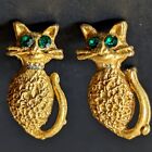 Vintage Green Rhinestone Cat Earring Set Gold Tone Kitsch Jewelry Mid Century