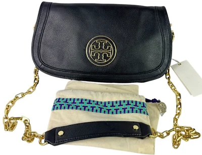 TORY BURCH Black Leather Amanda Logo Clutch Crossbody Chain Link Shoulder - Image 1 of 4