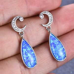 Unique Jewelry Twist Shape Ocean Blue Simulated Opal Silver Drop Pierced Earring