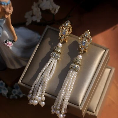 Earrings Sleeper Gold Long Tassel Fake Pearl White Art Deco QD5 - Image 1 of 4