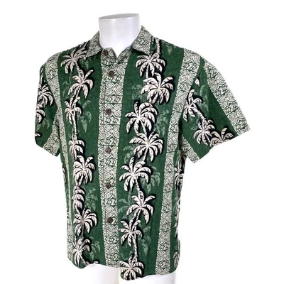 Camisa Hilo Hattie Aloha Hawaiana Grande Palmeras Tortugas Tribales Verde Tostado Foto 1 de 4