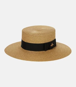 Neu mit Karton Gucci Fedora-Hut lahm Stroh Biene verziert Small S 56 natur schwarz Schleife - Bild 1 von 14