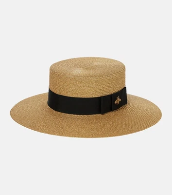 Nuevo con etiquetas GUCCI Lame Paja Abeja Embellecida Fedora Sombrero Pequeño S 56 Natural Negro Arco Foto 1 de 4