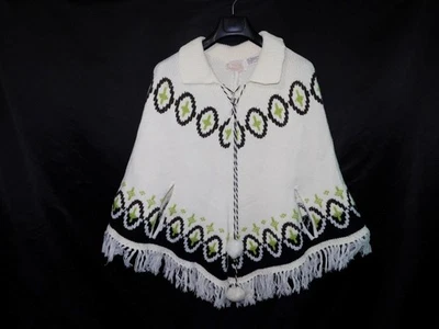 Vintage Carol Brent S White Green Brown Knit Cape Poncho Sweater Hippie Lace Up - Image 1 of 4
