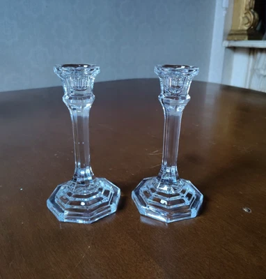 Juego de 2 candelabros de vidrio transparente octogonales Pottery Barn de 7", excelente estado Foto 1 de 4