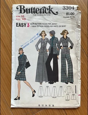UNCUT 1970's Butterick Pattern 3304. Size 16, Bust 38 - Image 1 of 3