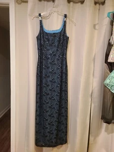 Bari Jay black lace over blue sequin sleeveless long pencil dress with back slit - Picture 1 of 5