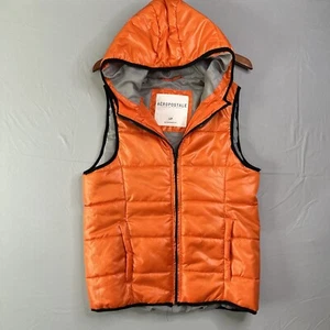 Aeropostale Vest Womens Small Neon Orange Black Trim Fitted Quilted Puffer Hood - Picture 1 of 15