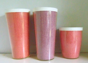 Set  3 Vintage Raffia Burlap Melmac Plastic Tumblers Purple Orange Coral 4-6" - Picture 1 of 4