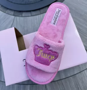 NIB Juicy Couture House Slippers Pink Multi Open Toe Heart Logo Size S (5-6) - Picture 1 of 7