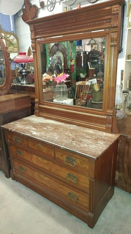 Antique Large Dresser w/ Mirror and Marble top - Eastlake - Walnut Cover